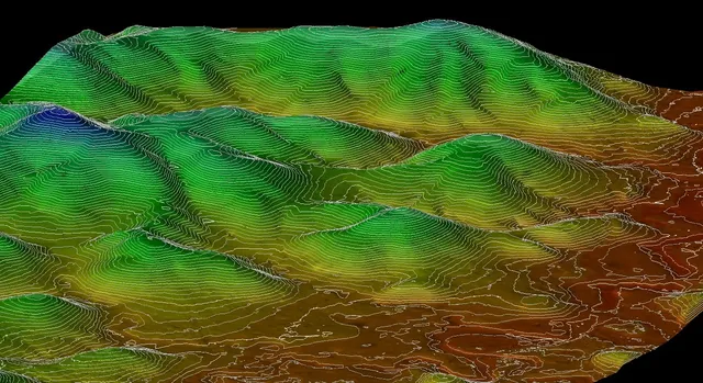 Modelo 3D de terreno con curvas de nivel generado a partir de un levantamiento